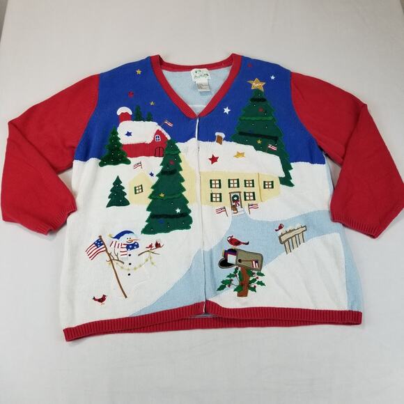 The Quacker Factory Sweater Womens 2X Blue Red Christmas Cardigan Art to Wear - Picture 5 of 8